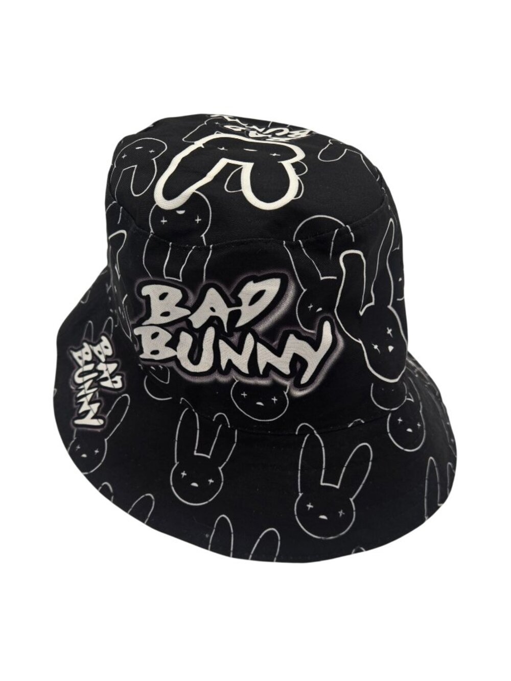 Bad Bunny Black Bucket Hat With Bunny Graphics & Logo